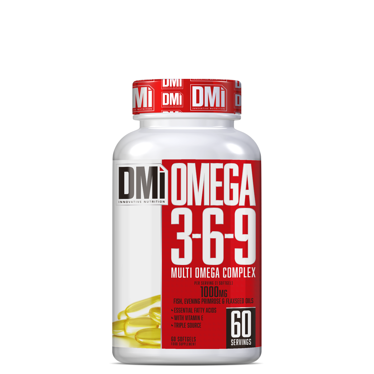 Frasco branco de suplemento Omega 3-6-9 com tampa vermelha e rótulo vermelho, branco e preto