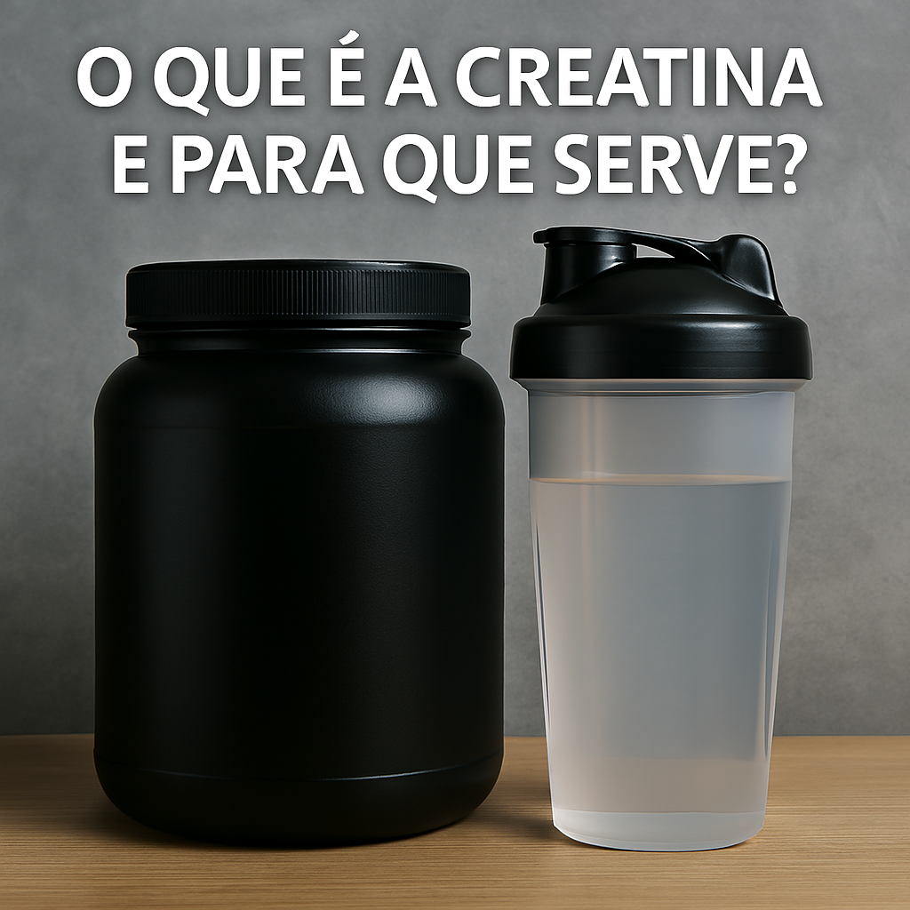 O que é a Creatina e para que serve? frasco preto grande e shaker transparente com tampa preta sobre superfície de madeira com texto em português no fundo cinzento