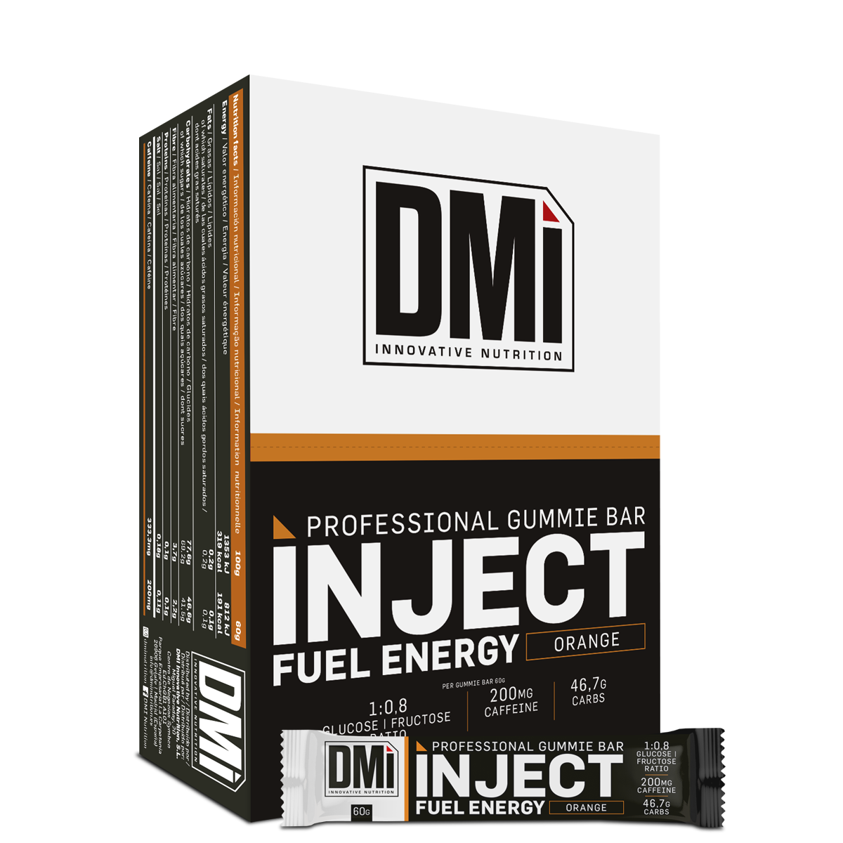 Embalagem e barra energética de goma DMI Inject Fuel Energy laranja