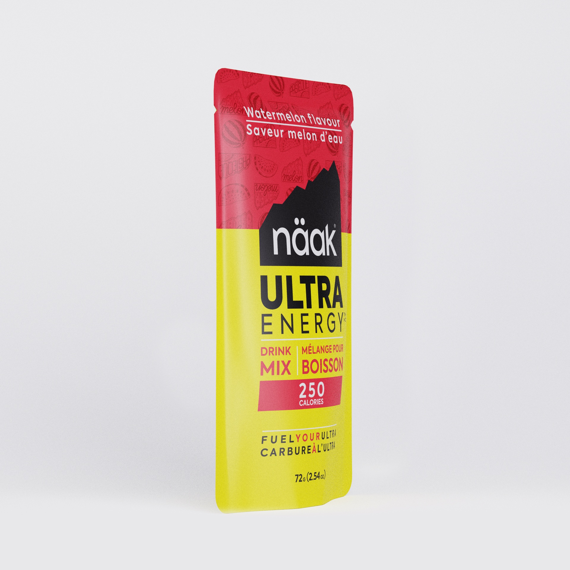 Pacote vermelho e amarelo de bebida energética em pó näak Ultra Energy sabor melancia