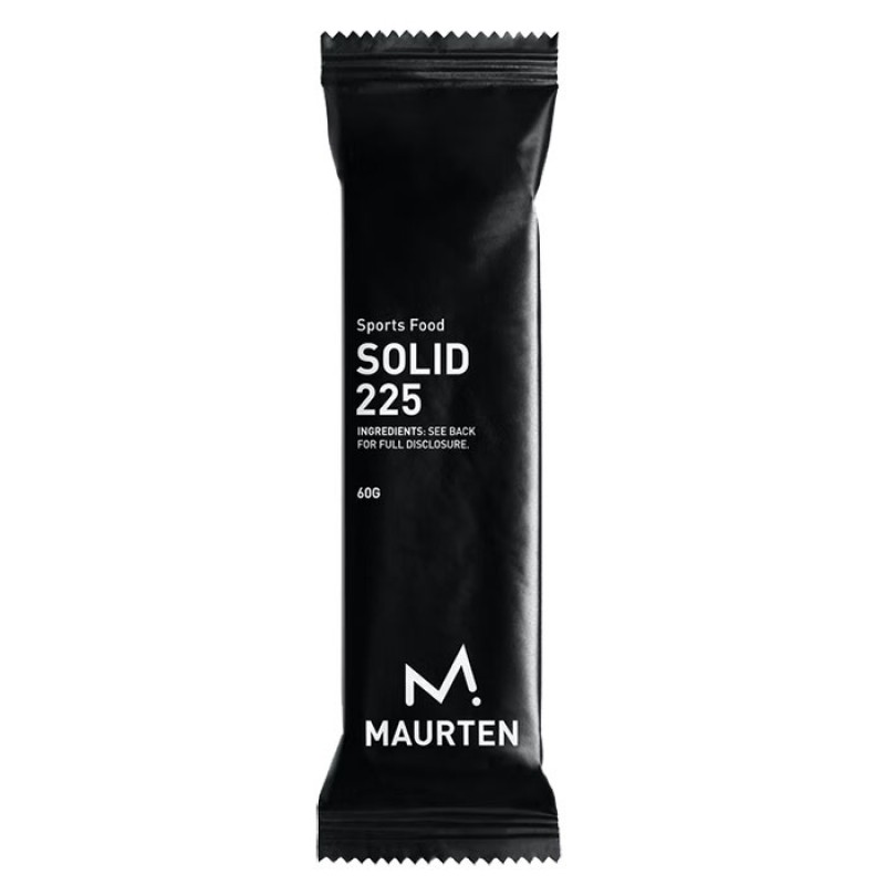 Barra alimentar desportiva Maurten Solid 225 embalagem preta com texto branco