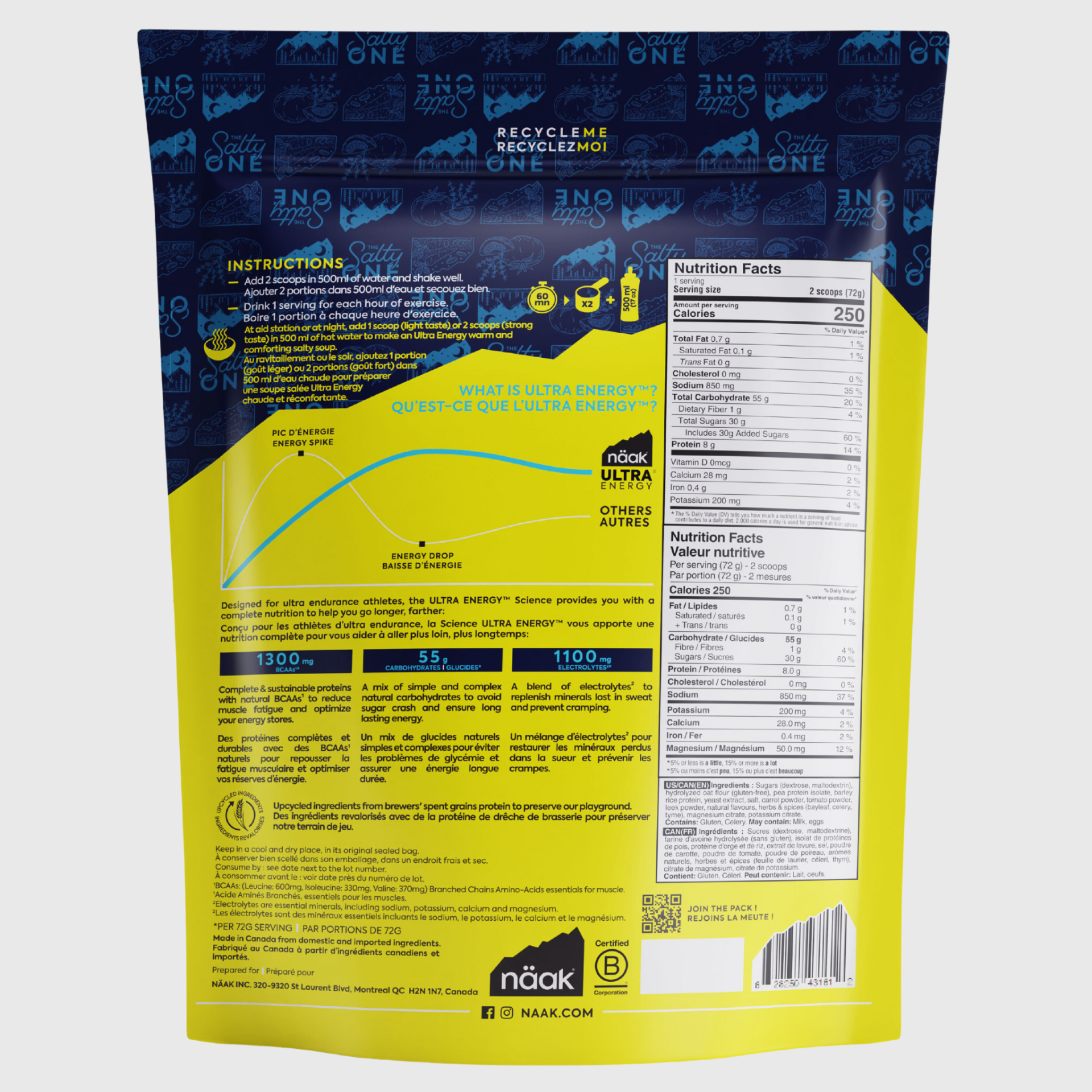 embalagem amarela e azul com tabela nutricional e instruções em inglês