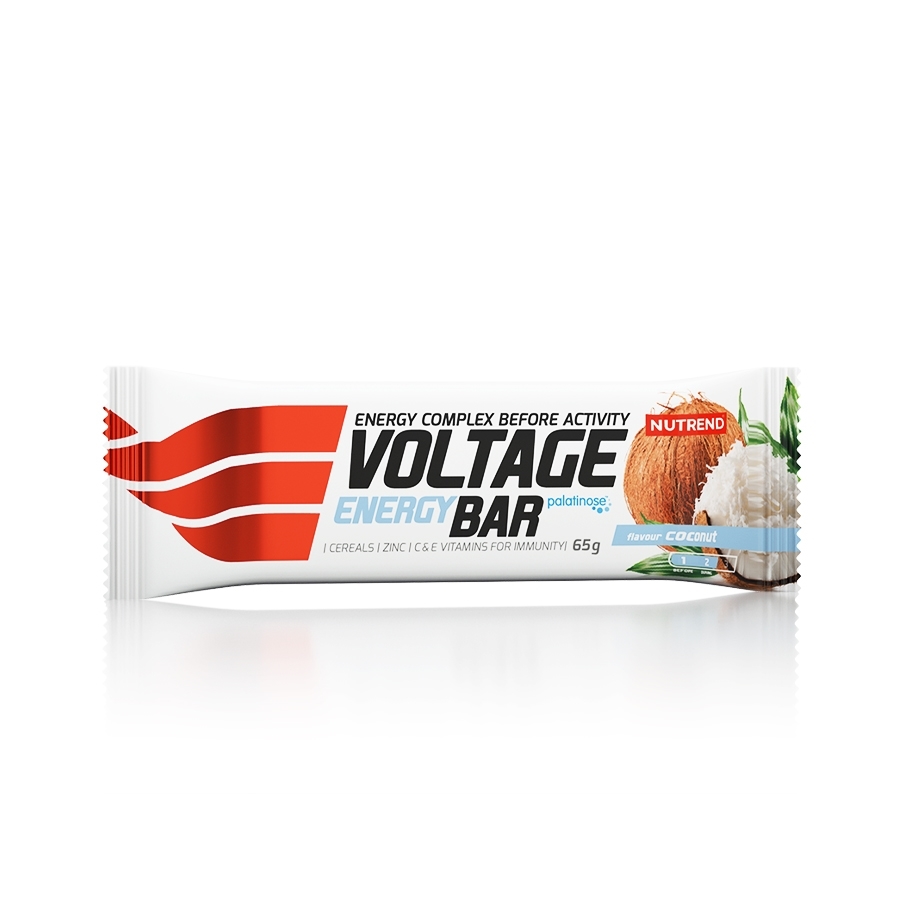 Barra energética Voltage Energy Bar sabor coco com embalagem branca e detalhes vermelhos e pretos