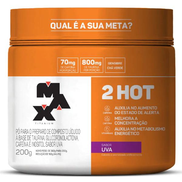 Embalagem laranja de suplemento em pó MAX Titanium 2 HOT sabor uva