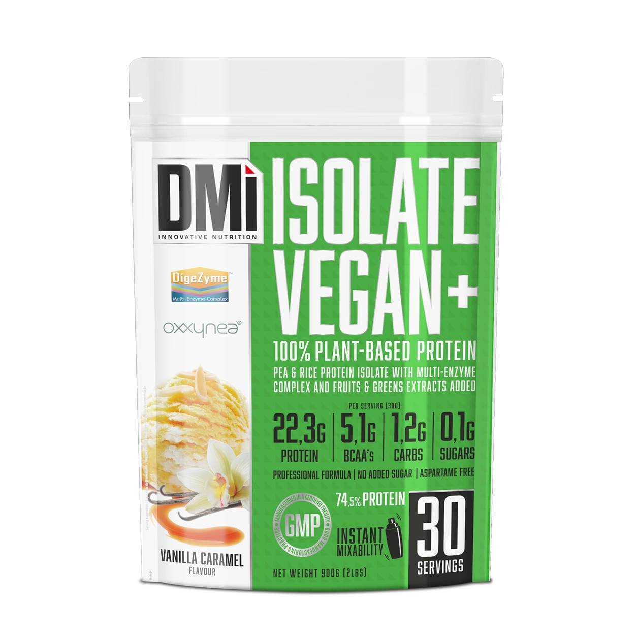 Isolate Vegan+ DMI Nutrition 900 g Embalagem verde e branca de suplemento DMI Isolate Vegan+ Vanilla Caramel.
