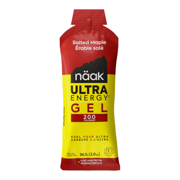 Pacote vermelho e amarelo de gel energético näak Ultra Energy Gel sabor Salted Maple