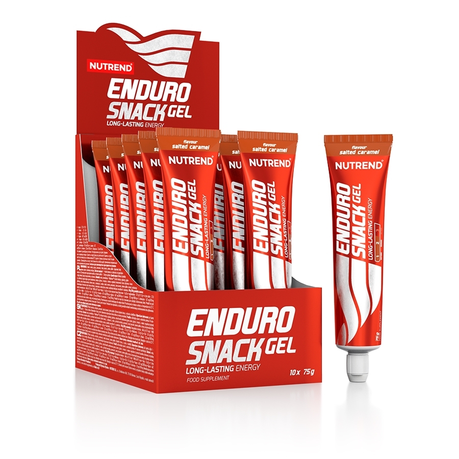 Embalagem vermelha com tubos vermelhos de gel energético Nutrend Enduro Snack Gel sabor salted caramel