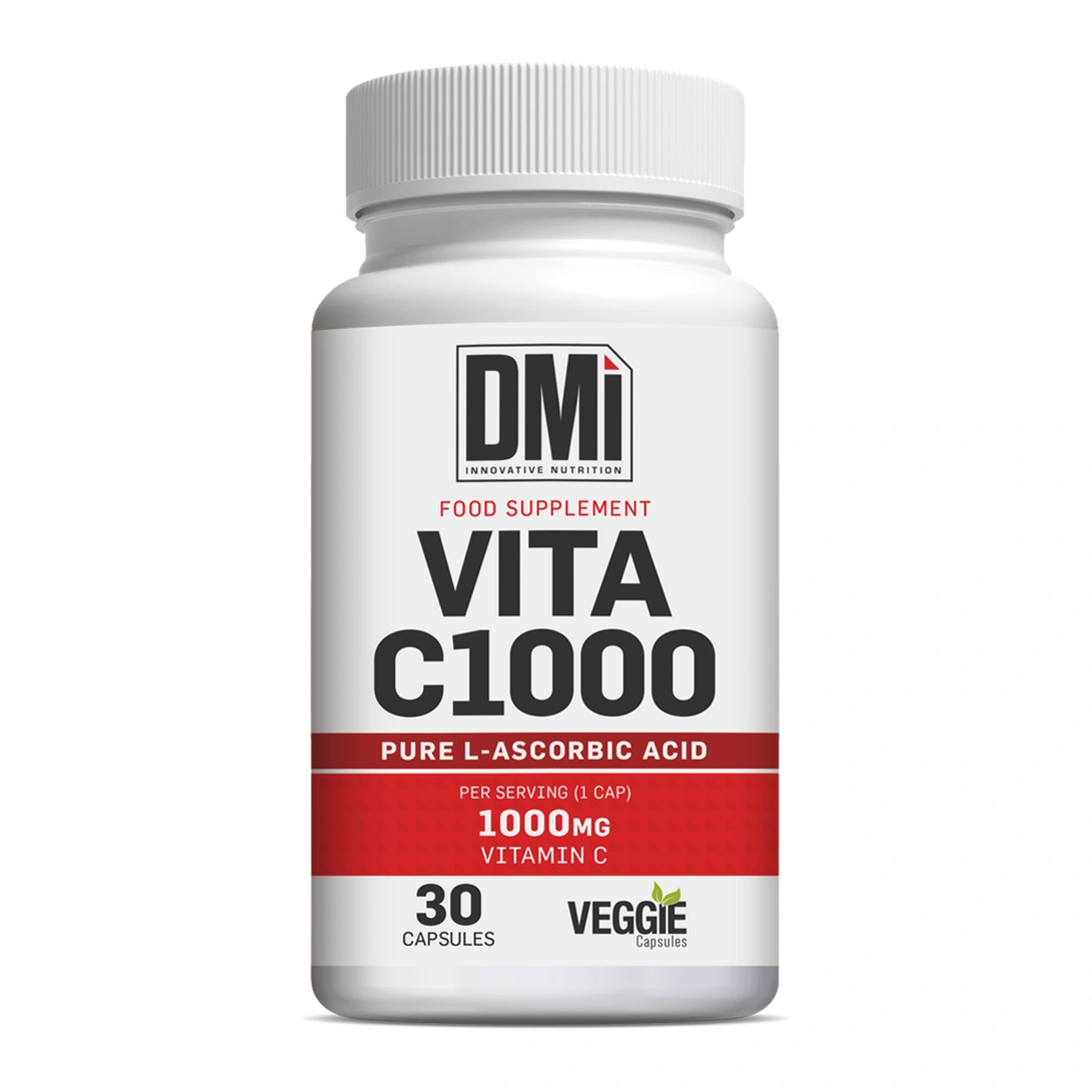 VITA C1000 DMI – 30 Cápsulas Frasco branco de suplemento alimentar VITA C1000 da marca DMi.