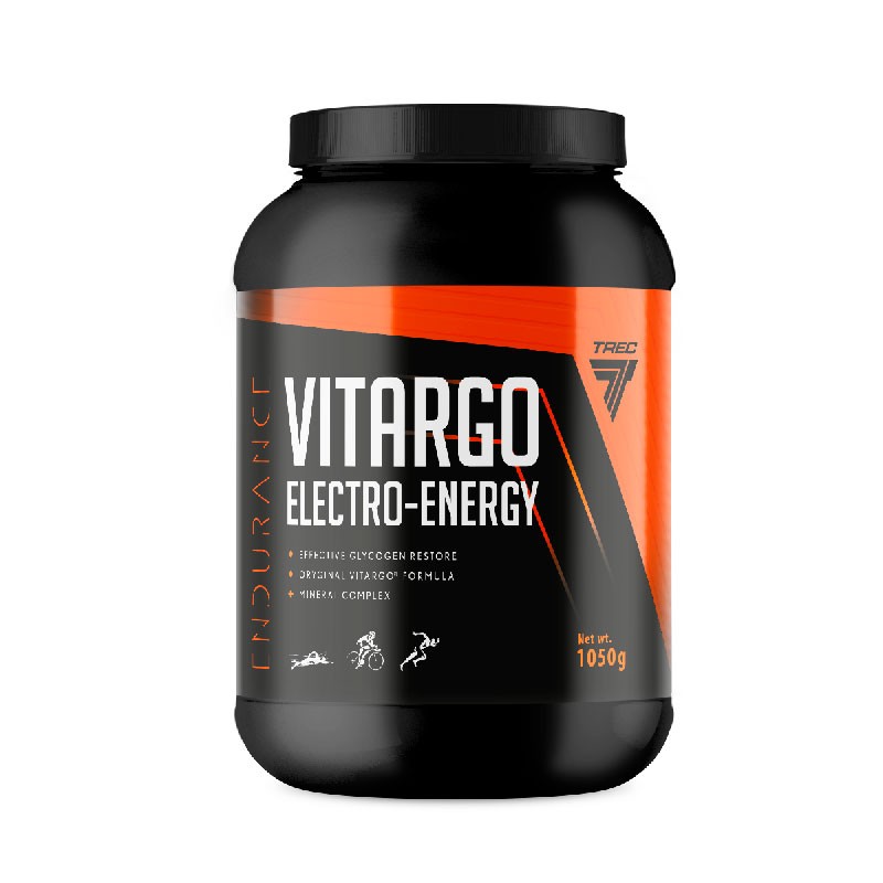 Pote de suplemento Vitargo Electro-Energy preto e laranja