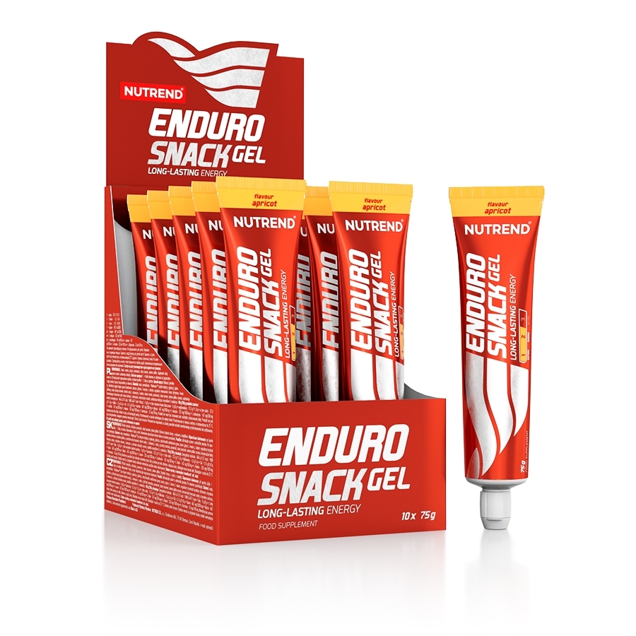 Embalagem e tubo do suplemento Nutrend Enduro Snack Gel em fundo branco