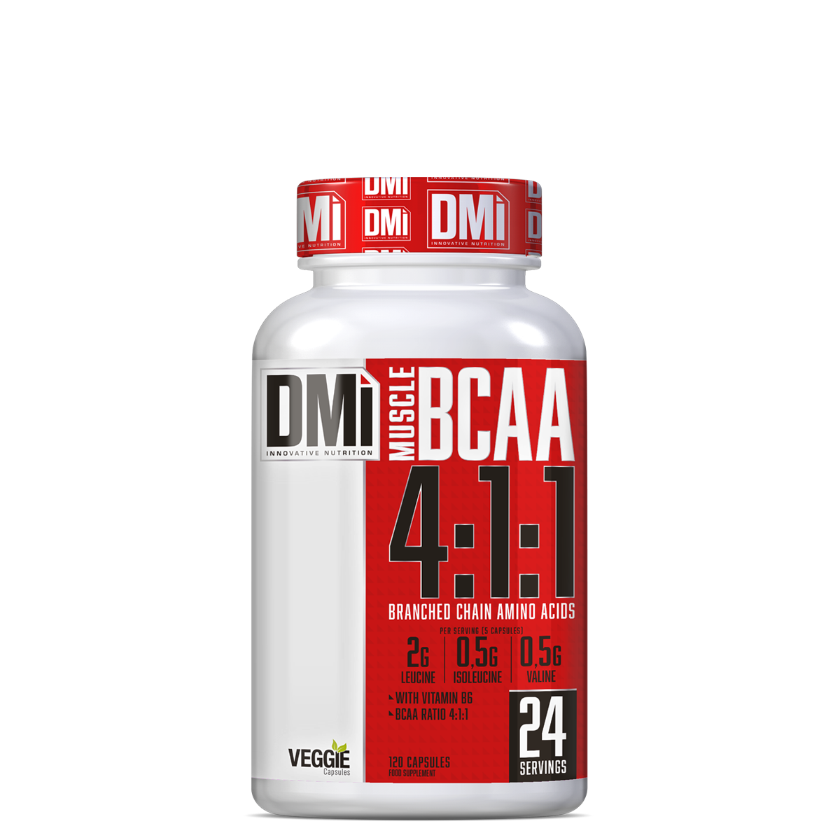 Suplemento MUSCLE BCAA 4:1:1 da DMI em embalagem branca com rótulo vermelho e branco.