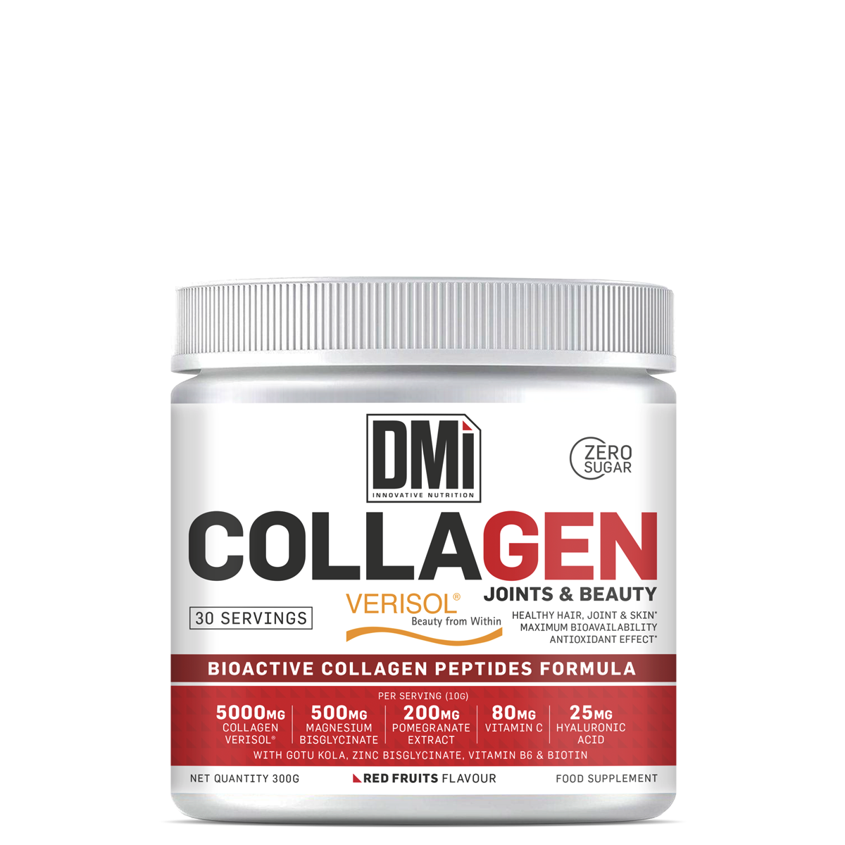 Frasco branco de suplemento DMI Collagen Verisol com rótulo preto e vermelho, tampa branca