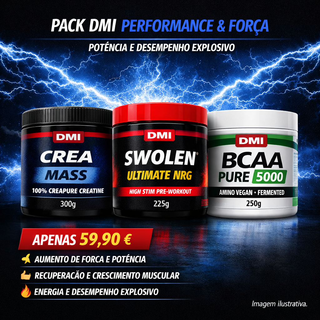 Três suplementos DMI CREA MASS, SWOLEN e BCAA contra fundo azul com raios de eletricidade.