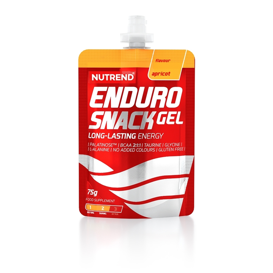 Embalagem vermelha e laranja de gel energético Nutrend Enduro Snack Gel sabor apricot