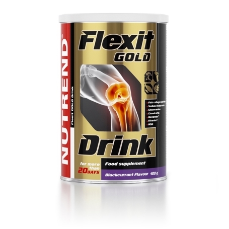 Lata de suplemento alimentar Flexit Gold Drink com embalagem dourada, vermelho e preto