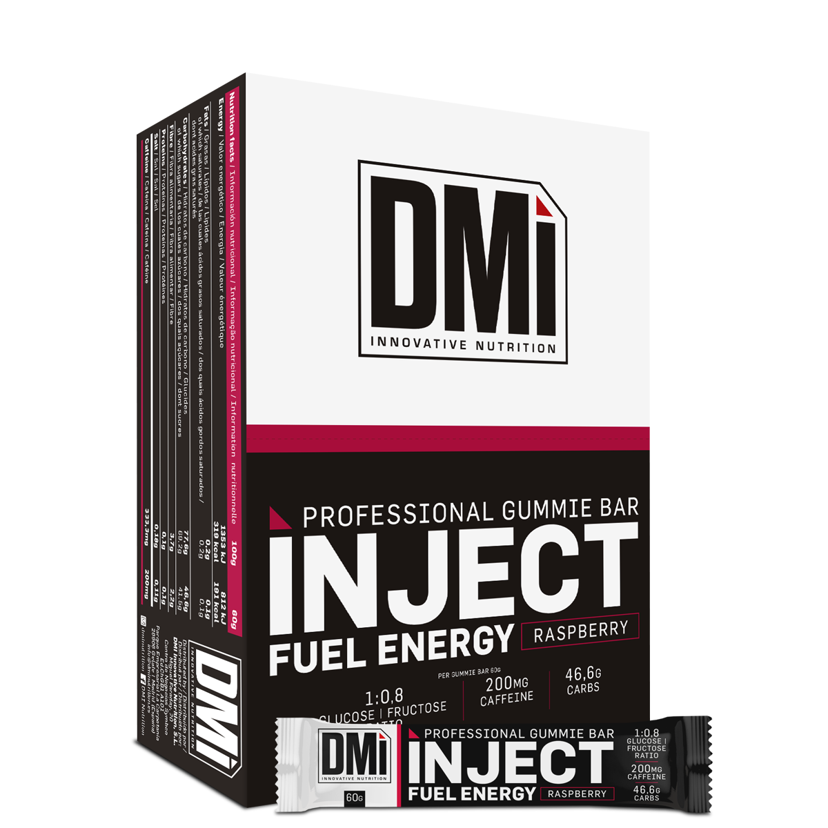 Embalagem e barra de goma energética DMi INJECT FUEL ENERGY sabor framboesa
