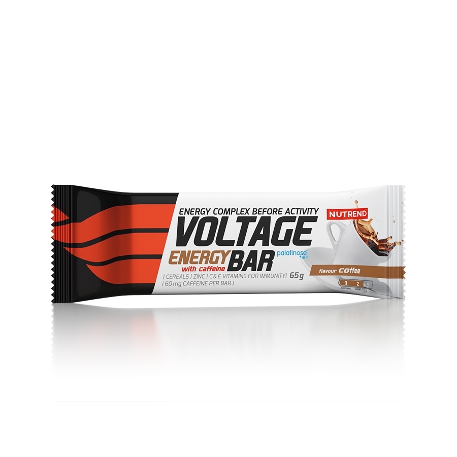 Barra energética Voltage Energy Bar sabor Café em embalagem branca com detalhes pretos e vermelhos
