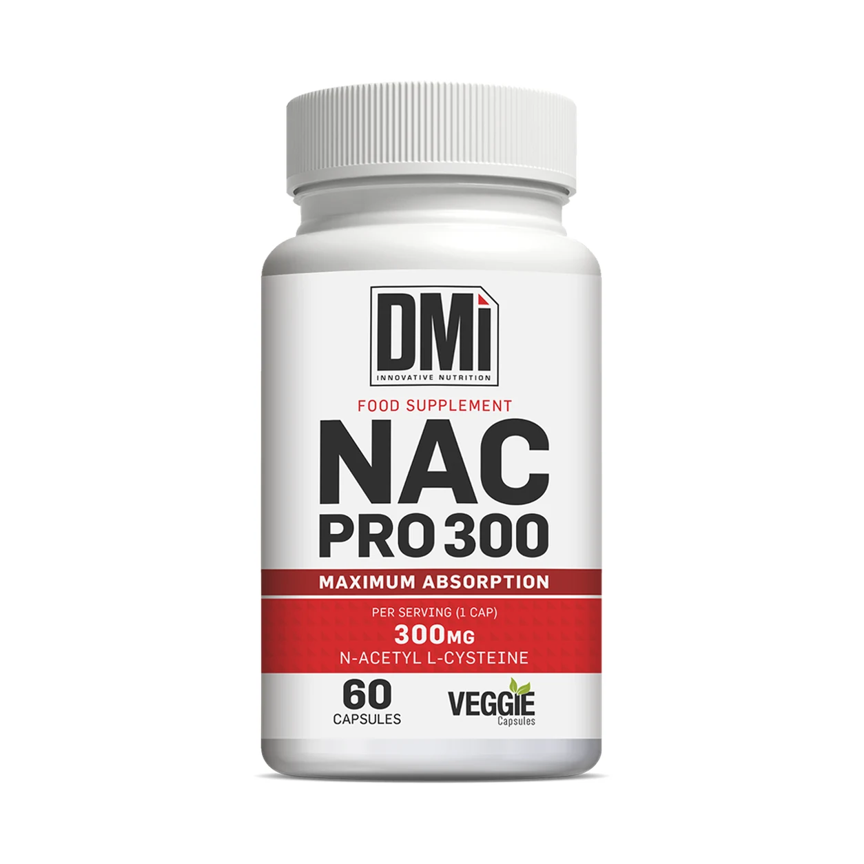 NAC Pro 300 DMI – 60 Cápsulas Frasco branco de suplemento NAC PRO 3000 da DMI com 60 cápsulas veganas
