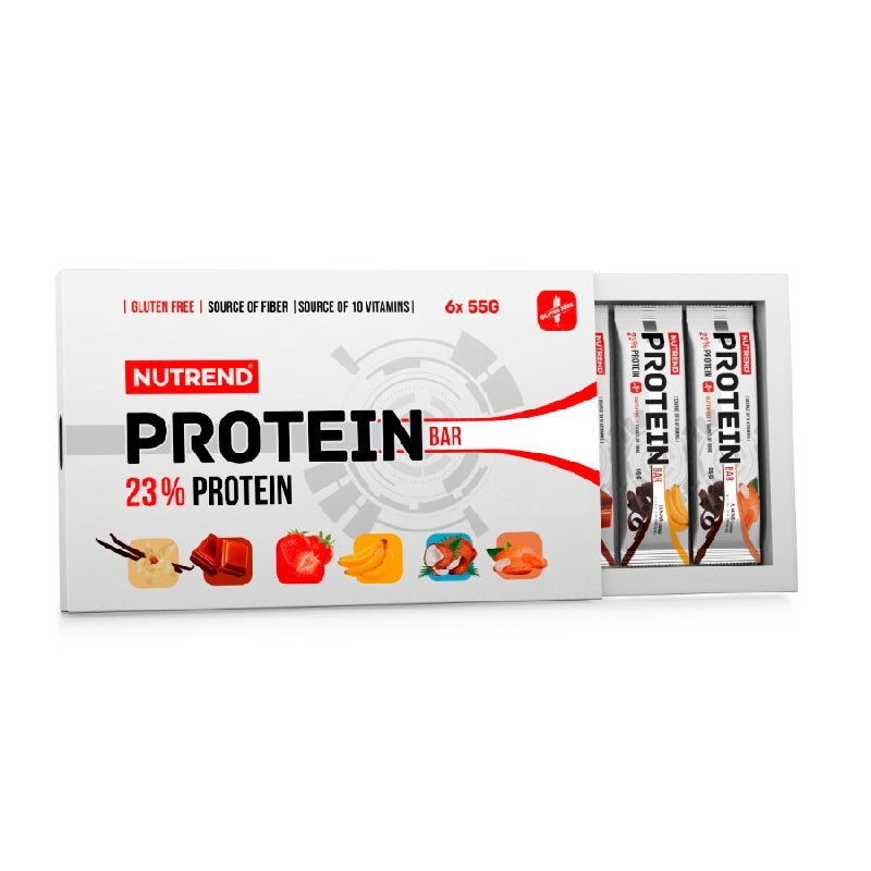 Caixa de barras de proteína Nutrend Protein Bar branco e vermelho com 6 unidades.