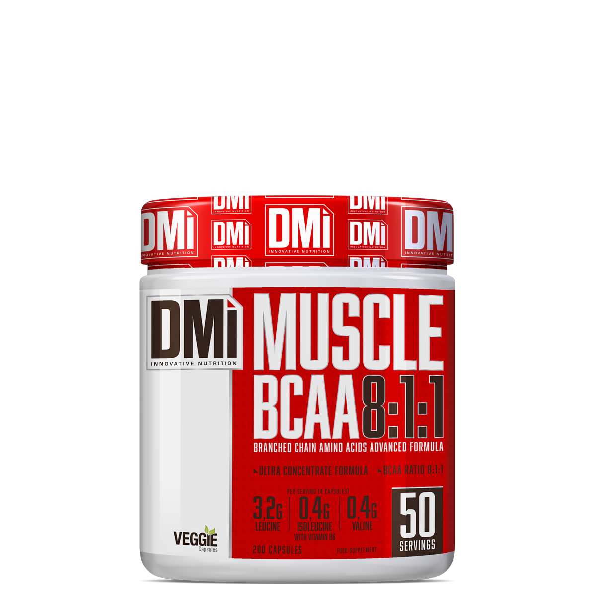 Frasco de suplemento DMi Muscle BCAA 8:1:1 de 210 cápsulas