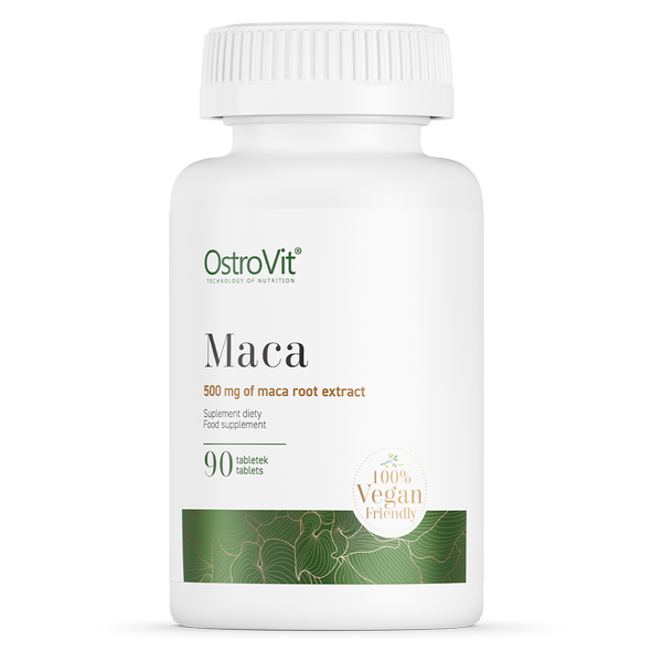 frasco branco de suplemento OstroVit Maca com rótulo verde e texto informativo