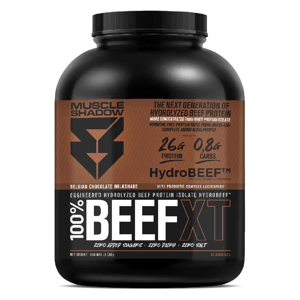Frasco preto de suplemento Muscle Shadow 100% BEEFXT sabor chocolate