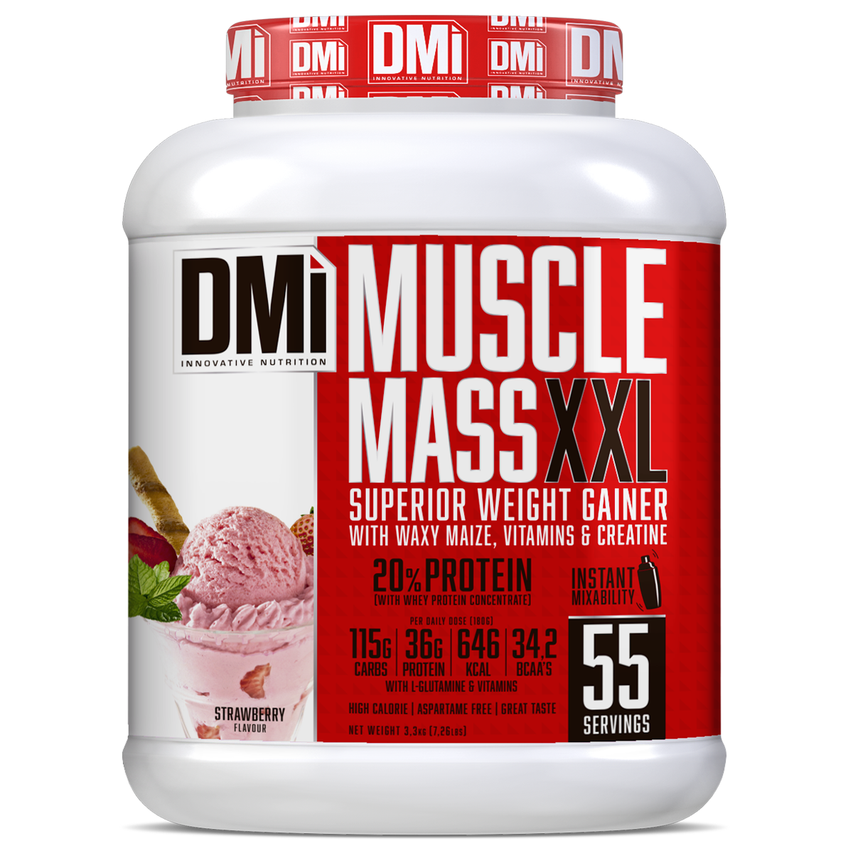Pote de suplemento Muscle Mass XXL sabor morango
