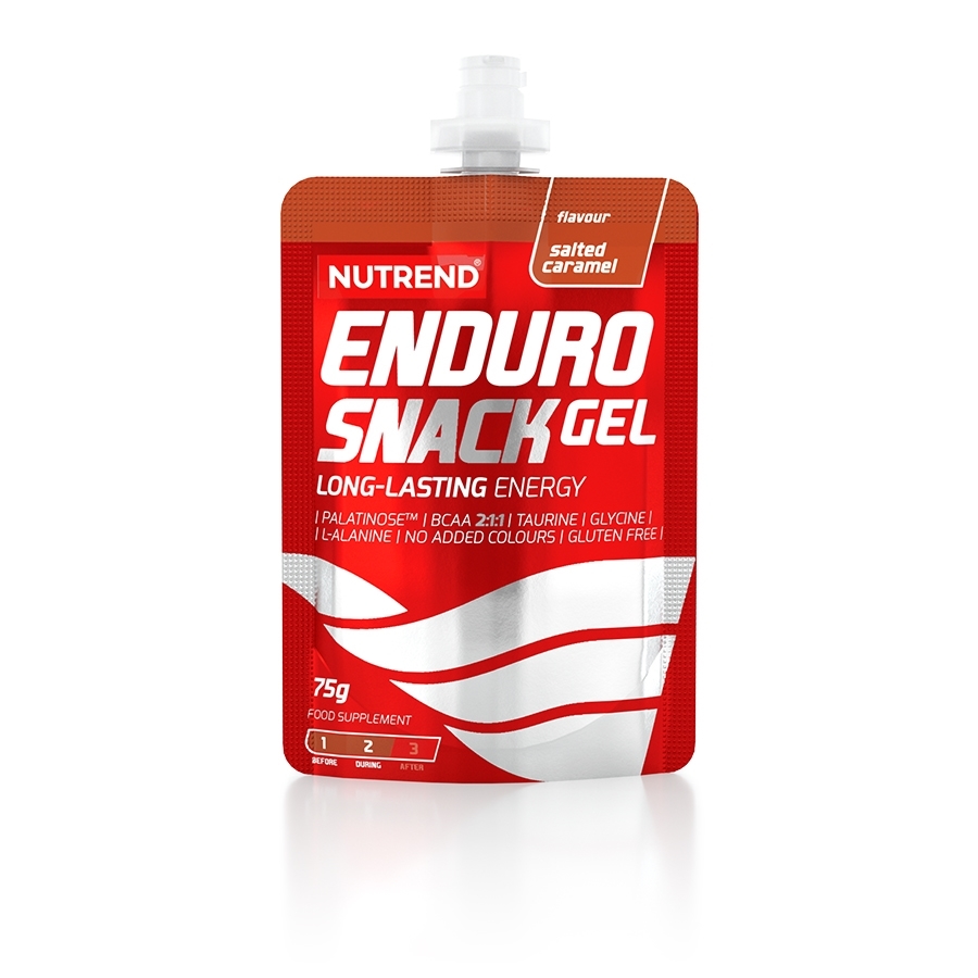 Pacote flexível vermelho de gel energético Nutrend Enduro Snack Gel sabor salted caramel