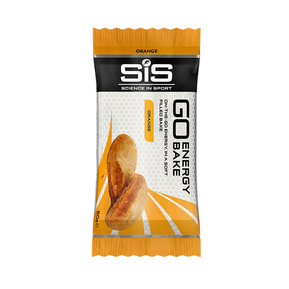 Barra energética SiS GO Energy Bake sabor laranja em embalagem branca, preta e laranja