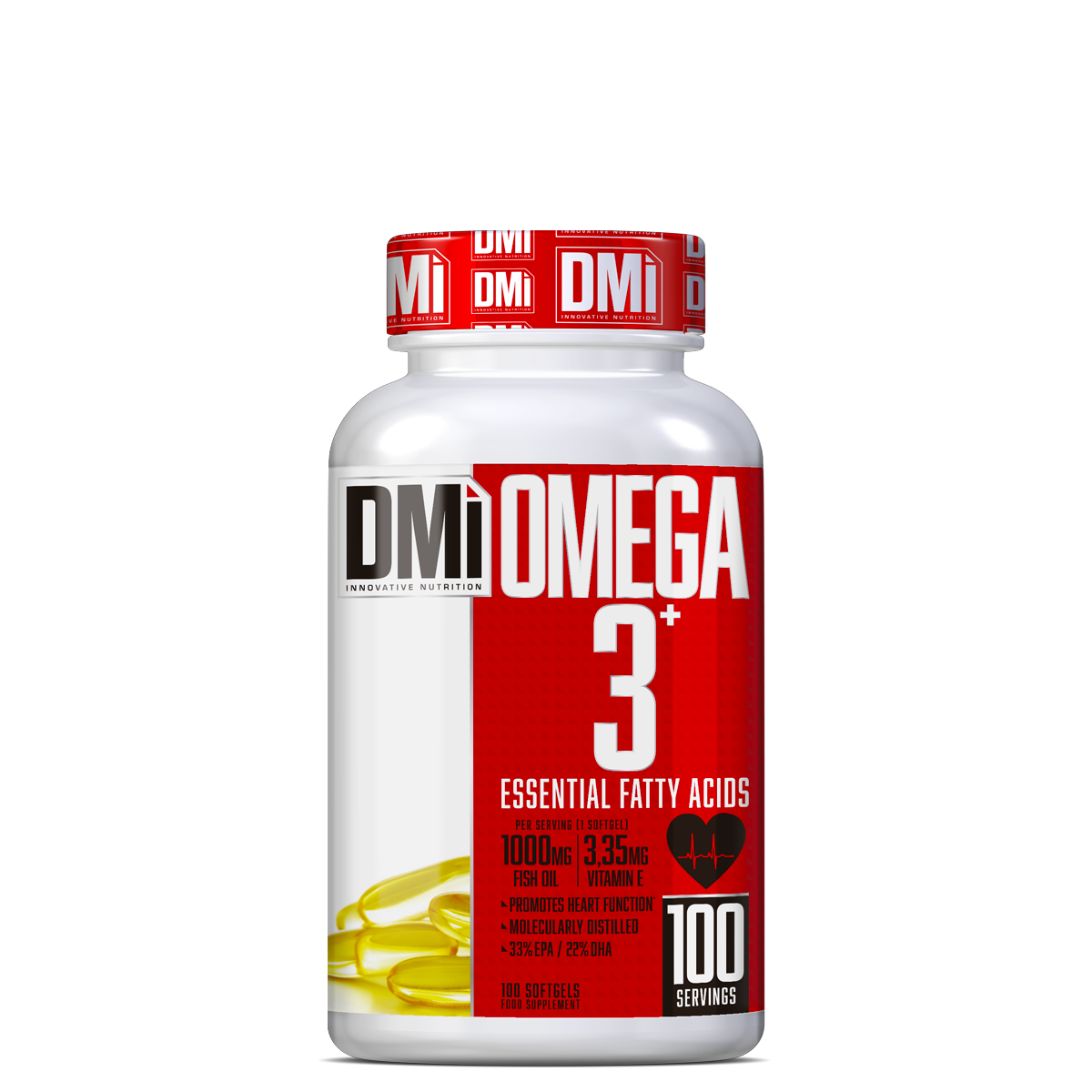 Frasco de suplemento Omega 3+ DMi com cápsulas amarelas e rótulo vermelho e branco