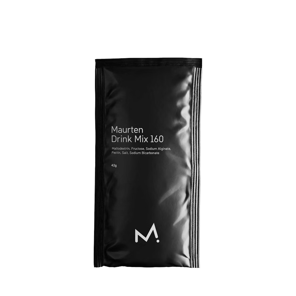 Saco preto de plástico com texto branco Maurten Drink Mix 160