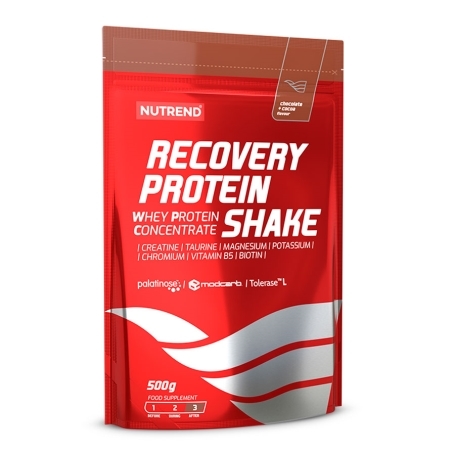 Embalagem vermelha de suplemento Nutrend Recovery Protein Shake 500g
