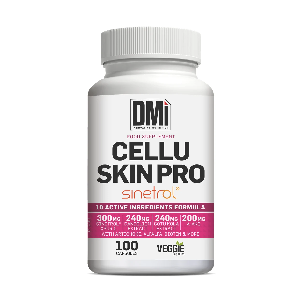 Cellu Skin Pro Sinetrol® DMI – 100 Cápsulas Frasco branco suplementar CELLU SKIN PRO com etiqueta branca e rosa e texto em preto e rosa