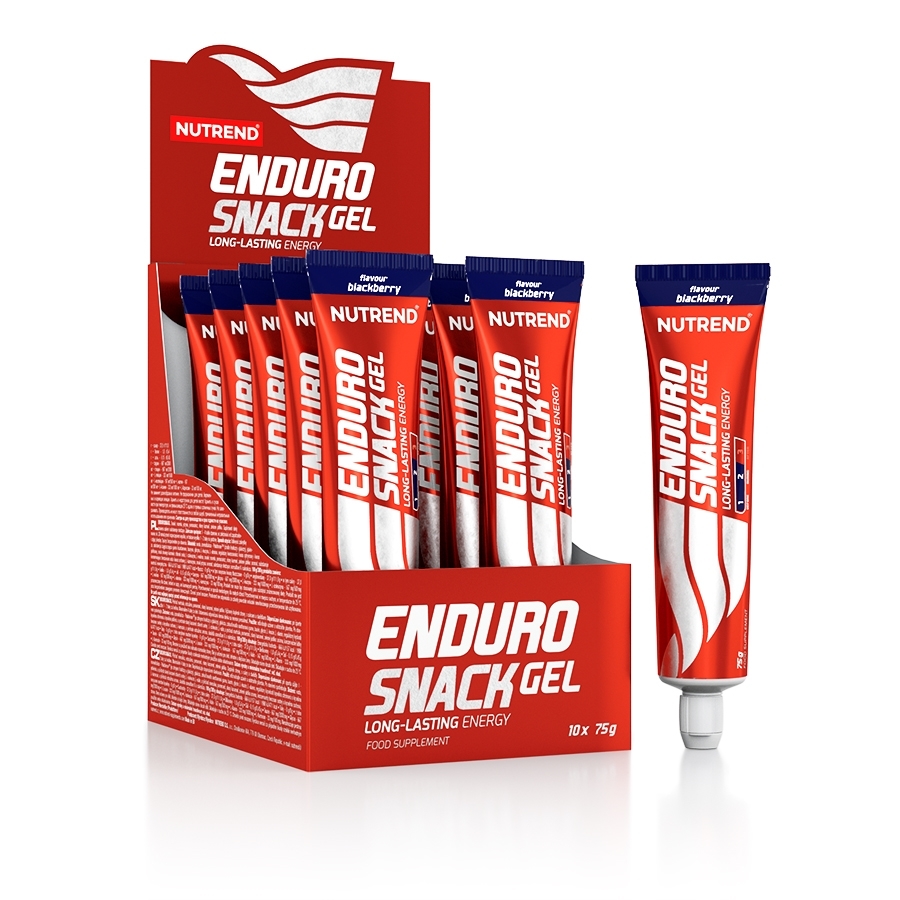Pacote de gel energético Enduro Snack Gel da marca Nutrend em tubos vermelhos e caixa vermelha.