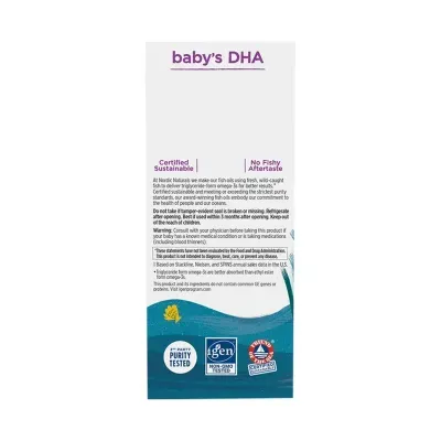 Embalagem de suplemento baby´s DHA com selos e texto em inglês