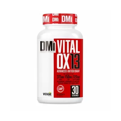 Frasco branco de suplemento com rótulo vermelho e branco DMi VITAL OX13