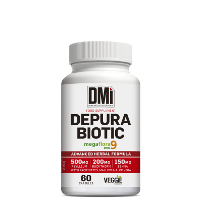 Frasco de suplemento alimentar DMi Depura Biotic com 60 cápsulas e ingredientes variados.