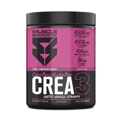 Frasco de suplemento alimentar Muscle Shadow com rótulo rosa e preto