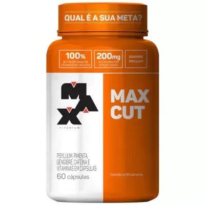 Frasco laranja e cinza de suplemento MAX CUT com 60 cápsulas