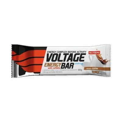 Barra energética Voltage Energy Bar com cafeína da Nutrend em embalagem branca, preta e laranja