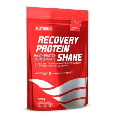 Saco vermelho de suplemento alimentar Recovery Protein Shake com texto branco
