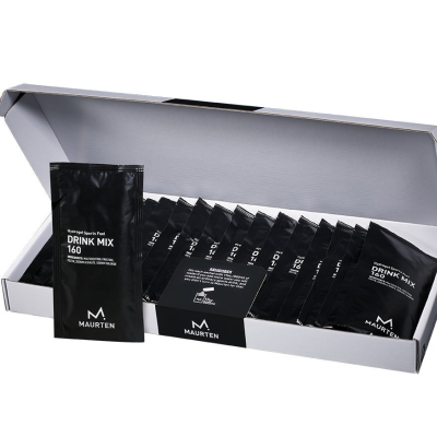 Caixa com saquetas pretas de DRINK MIX 160 da MAURTEN