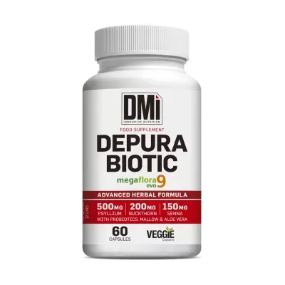 Frasco branco de suplemento alimentar DEPURA BIOTIC da DMi com textos em preto, vermelho e verde.