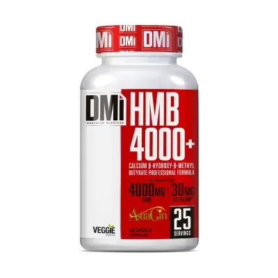 Frasco de suplemento alimentar DMI HMB 4000+ com rótulo vermelho e branco