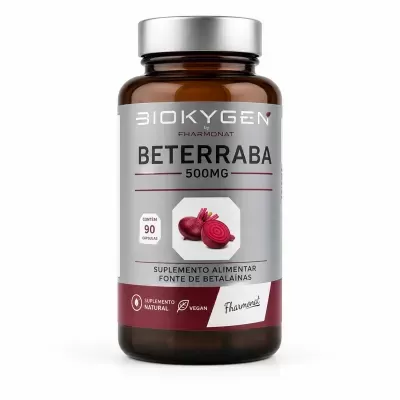 Frasco de suplemento alimentar com rótulo de beterraba Biokygen 500mg