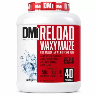 Frasco branco de suplemento alimentar DMi RELOAD WAXY MAIZE com etiqueta vermelho e branca e tampa vermelha