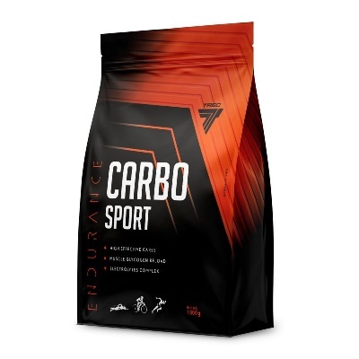 Embalagem preta e laranja de suplemento alimentar CARBO SPORT com texto e ícones de desporto.