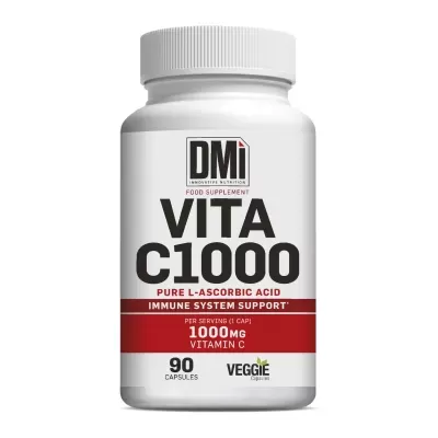Frasco branco de suplemento alimentar VITA C1000 com 90 cápsulas.