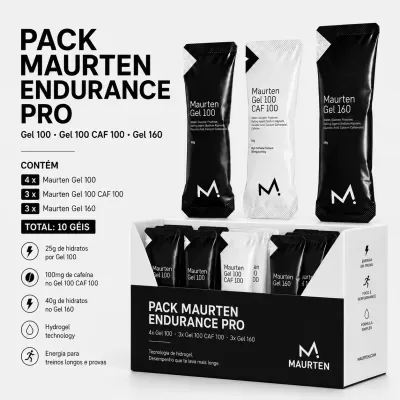 Pack Maurten Endurance Pro com 10 géis em embalagem branca e preta