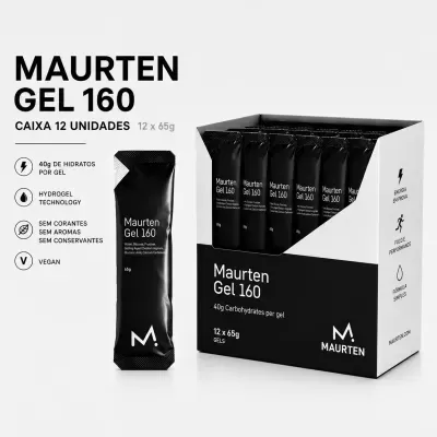 Caixa branca e preta com 12 saquetas pretas de Maurten Gel 160